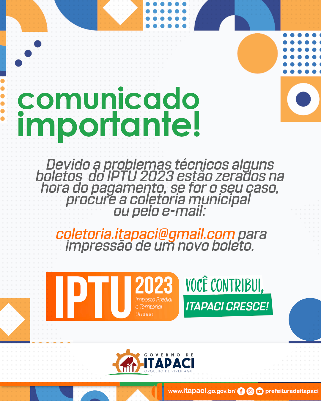 COMUNICADO IMPORTANTE – IPTU 2023.